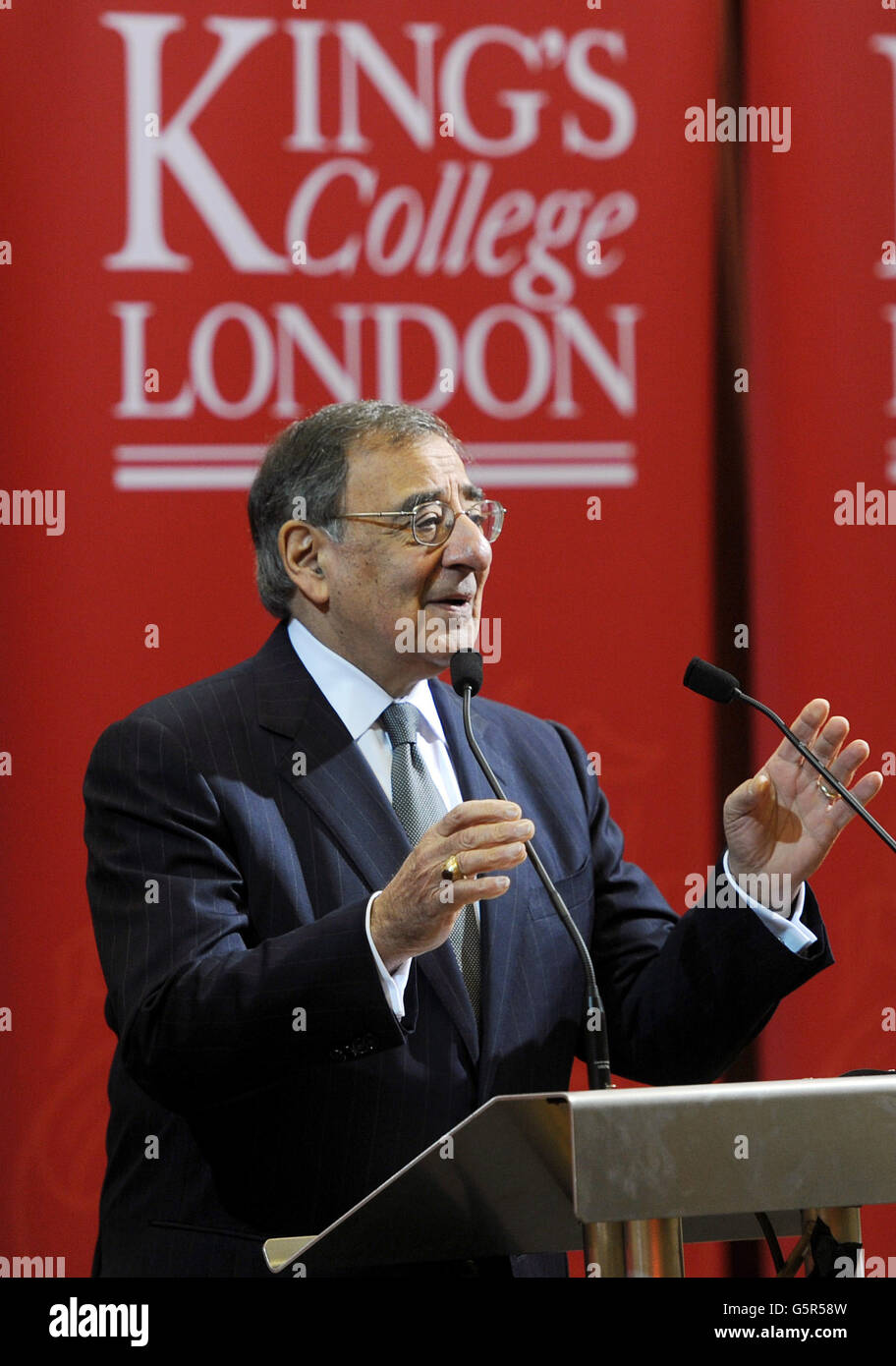 US Secretary of Defence Leon Panetta gives a speech on the Transatlantic Relationship and the future of US Defence at King's College Strand Campus , London. Panetta condemned the militants behind the Algerian hostage crisis and warned them: 'Those who would wantonly attack our country and our people will have no place to hide.' Stock Photo
