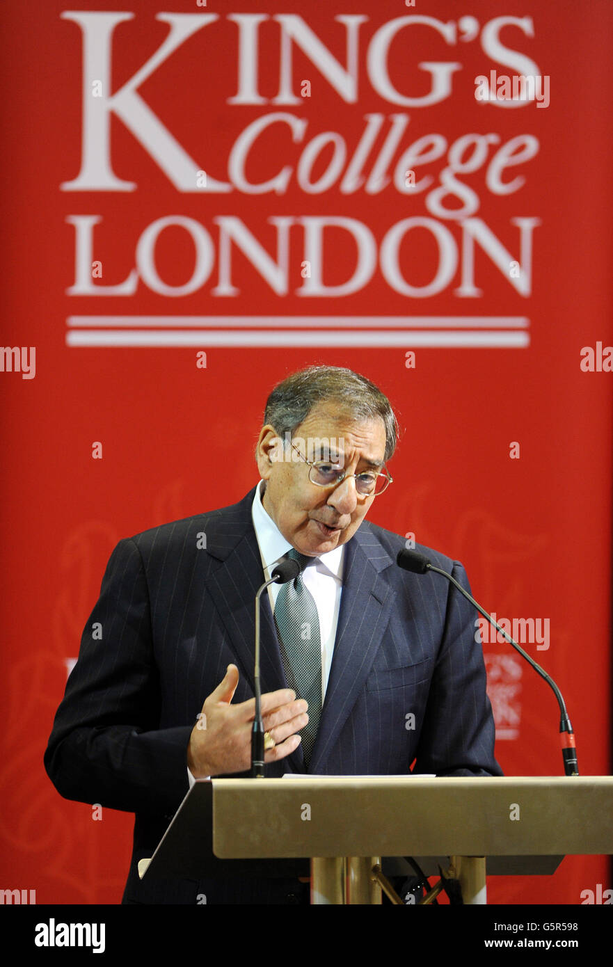US Secretary of Defence Leon Panetta gives a speech on the Transatlantic Relationship and the future of US Defence at King's College Strand Campus, London. Panetta condemned the militants behind the Algerian hostage crisis and warned them: 'Those who would wantonly attack our country and our people will have no place to hide.' Stock Photo