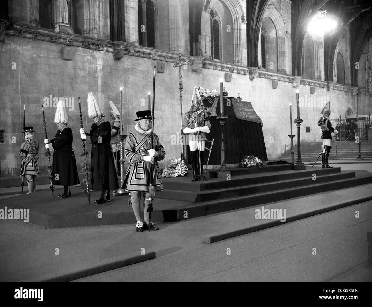 The coffin of King George VI lying in state at Westminster Hall, London. Stock Photo