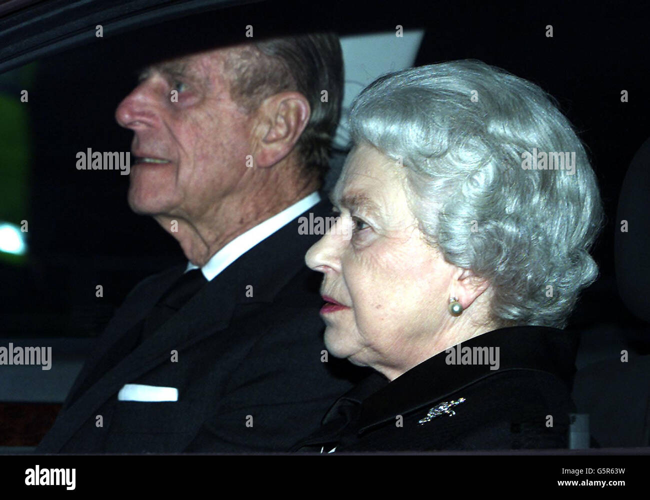 The Queen and the Duke of Edinburgh leaving the Royal Lodge ,Windsor after attending a service after the Queen Mothers Death. Stock Photo
