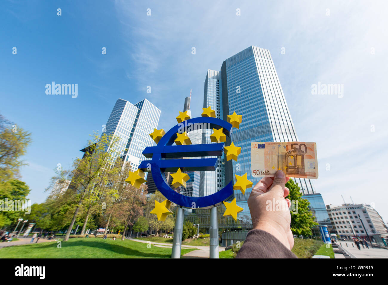 Fifty note of euro and famous euro sign in Frankfurt am Main, Frankfurt, Germany Stock Photo