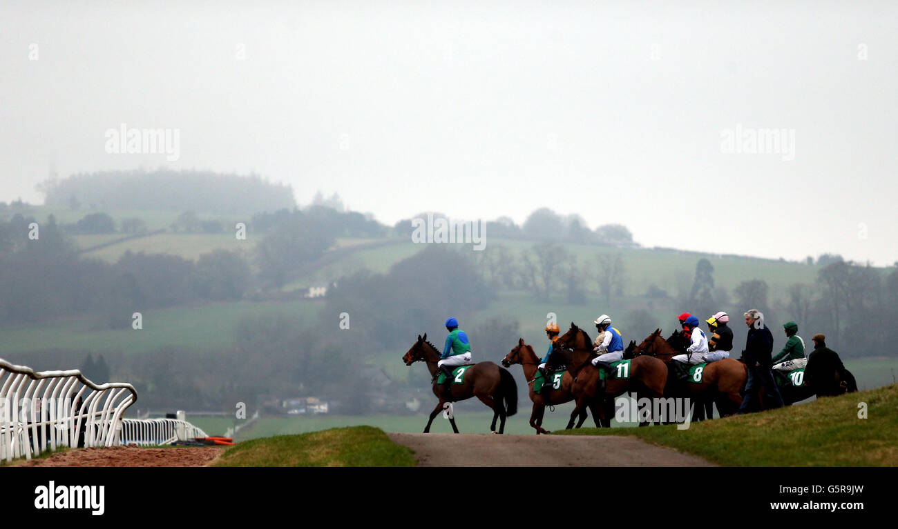 Old Magic ridden by Paul Moloney leads the field out to the track for the Freebets.co.uk Handicap Hurdle during the January Sale Race Day at Chepstow Racecourse, Monmouthshire. Stock Photo