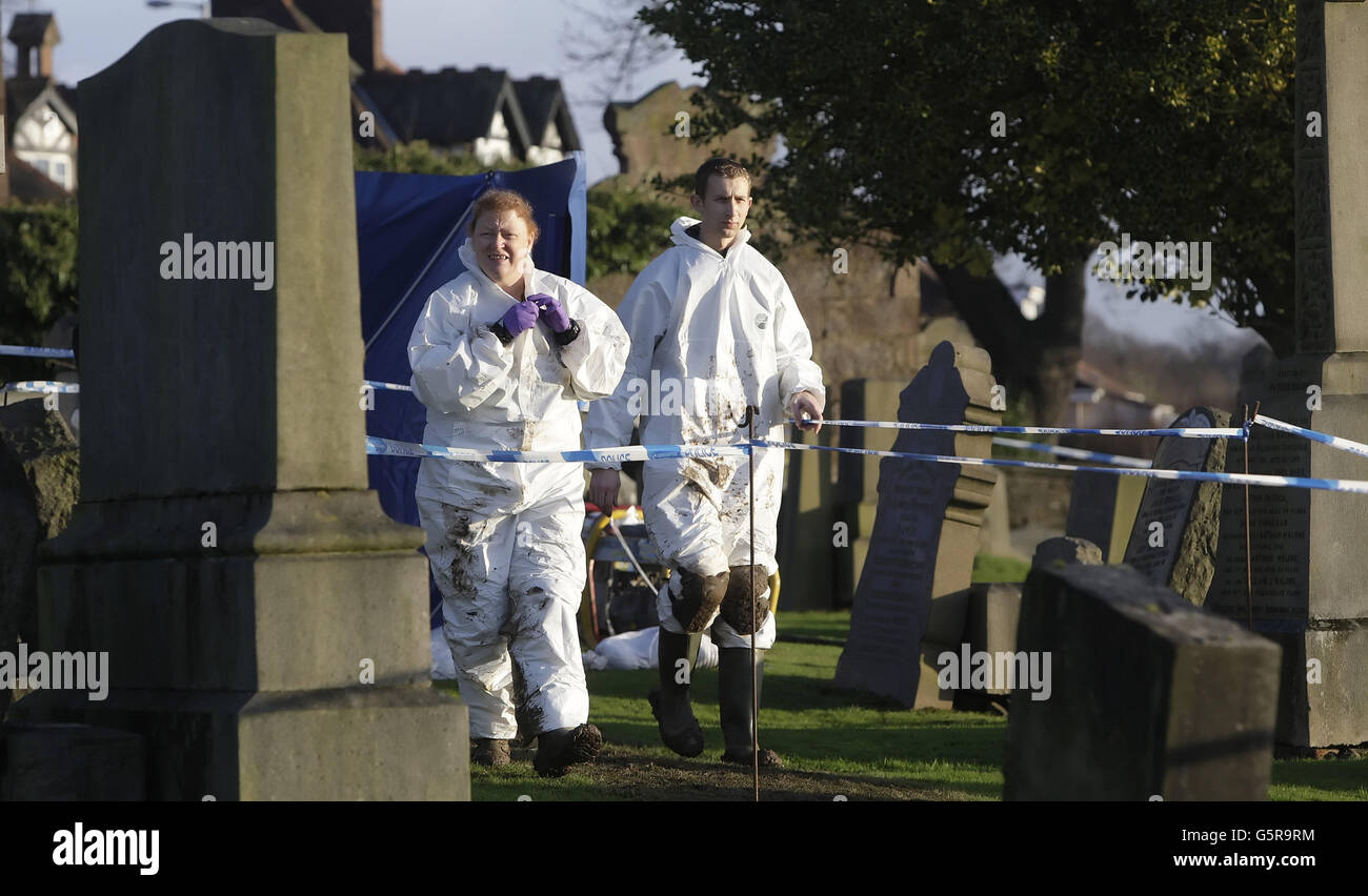 Forensic Anthropologist Sue Black (left) at Old Monkland Cemetery in Coatbridge in Scotland where an exhumation of the gravesite in the search for the remains of a schoolgirl Moira Anderson began today. Stock Photo
