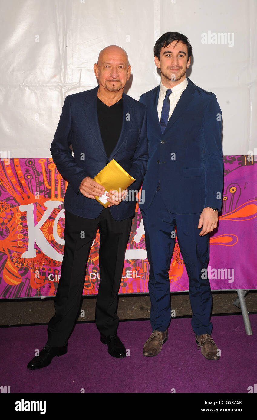 Sir Ben Kingsley and his son Ferdinand arrive at the opening night of the Cirque de Soleil's new show Kooza at the Royal Albert Hall in London. Stock Photo