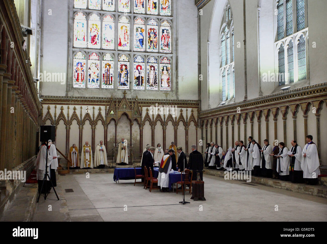 A general view inside the Chapter House as The College of Canons of Canterbury Cathedral meet to formally elect the 105th Archbishop of Canterbury, a process by the cathedral community dating back 1,000 years. Stock Photo