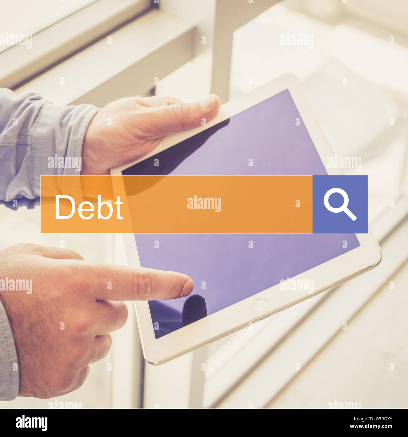 SEARCH TECHNOLOGY COMMUNICATION  Debt TABLET FINDING CONCEPT Stock Photo