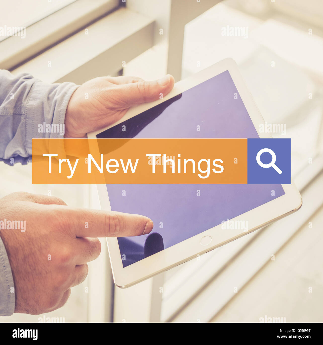 SEARCH TECHNOLOGY COMMUNICATION  Try New Things TABLET FINDING CONCEPT Stock Photo