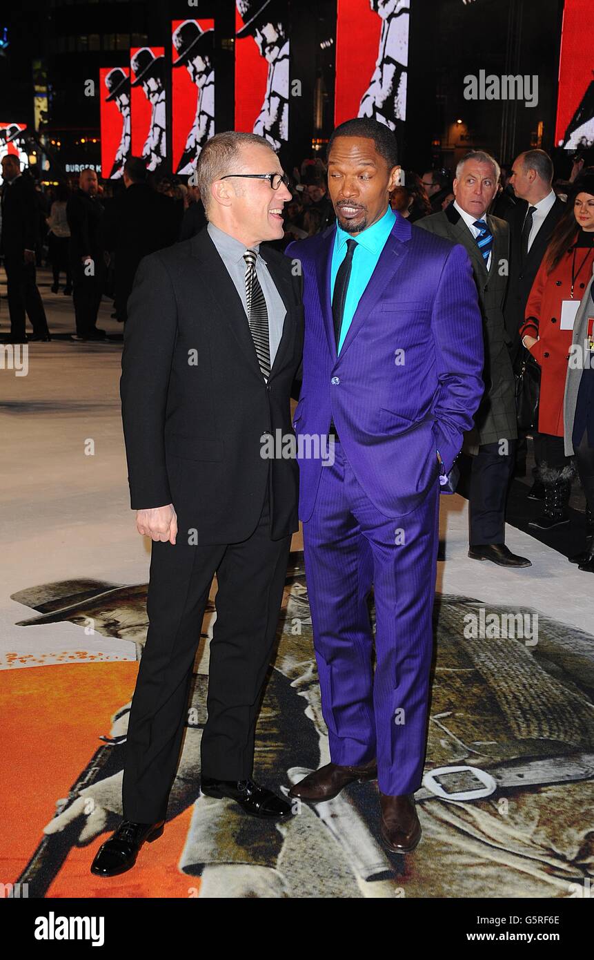 Jamie Foxx (right) and Christoph Waltz (left) arriving for the premiere of Django Unchained at the Empire Leicester Square, London. Stock Photo