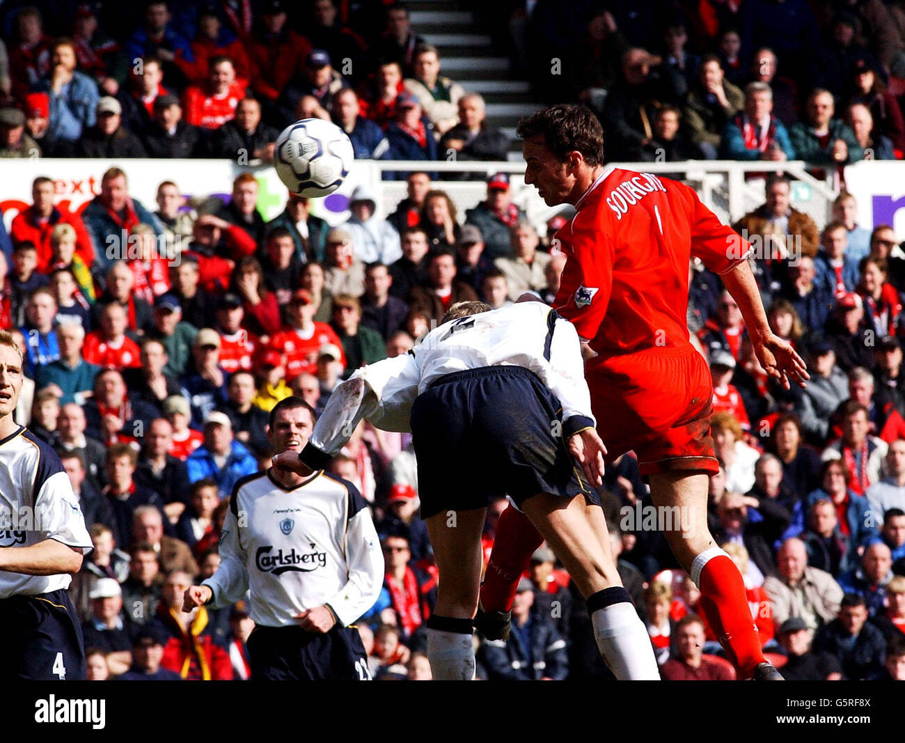 Middlesbrough's Gareth Southgate heads a goal against Liverpool during their FA Barclaycard Premiership match at Middlesbrough's Cellnet Riverside Stadium. Liverpool won the match 2-1. * Stock Photo