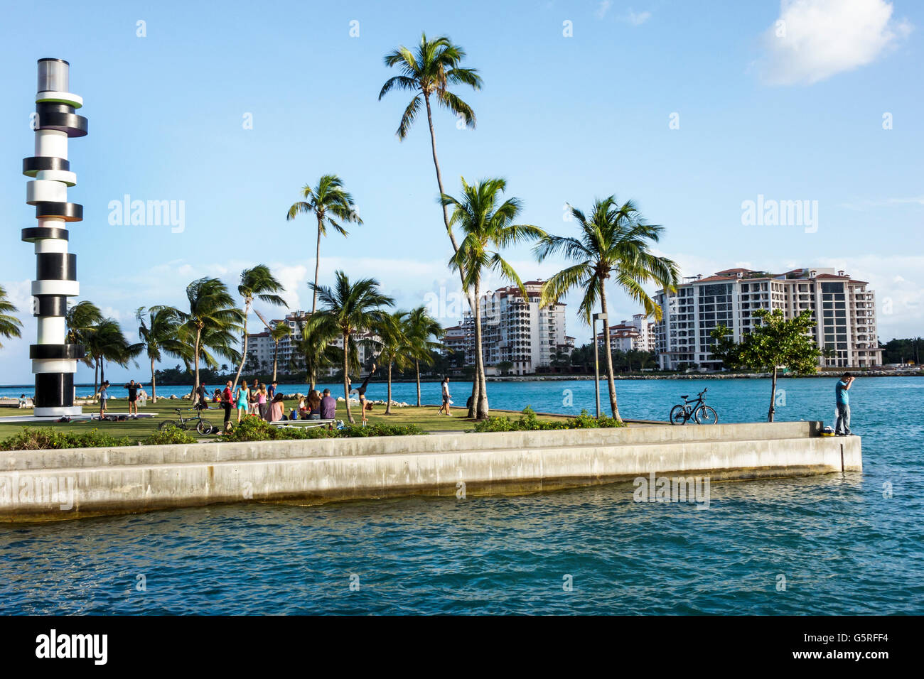 Miami Beach Florida,South Pointe Park,Government Cut,Biscayne Bay,water,Atlantic Ocean,Obstinate Lighthouse,Tobias Rehberger,art artist,Fisher Island, Stock Photo