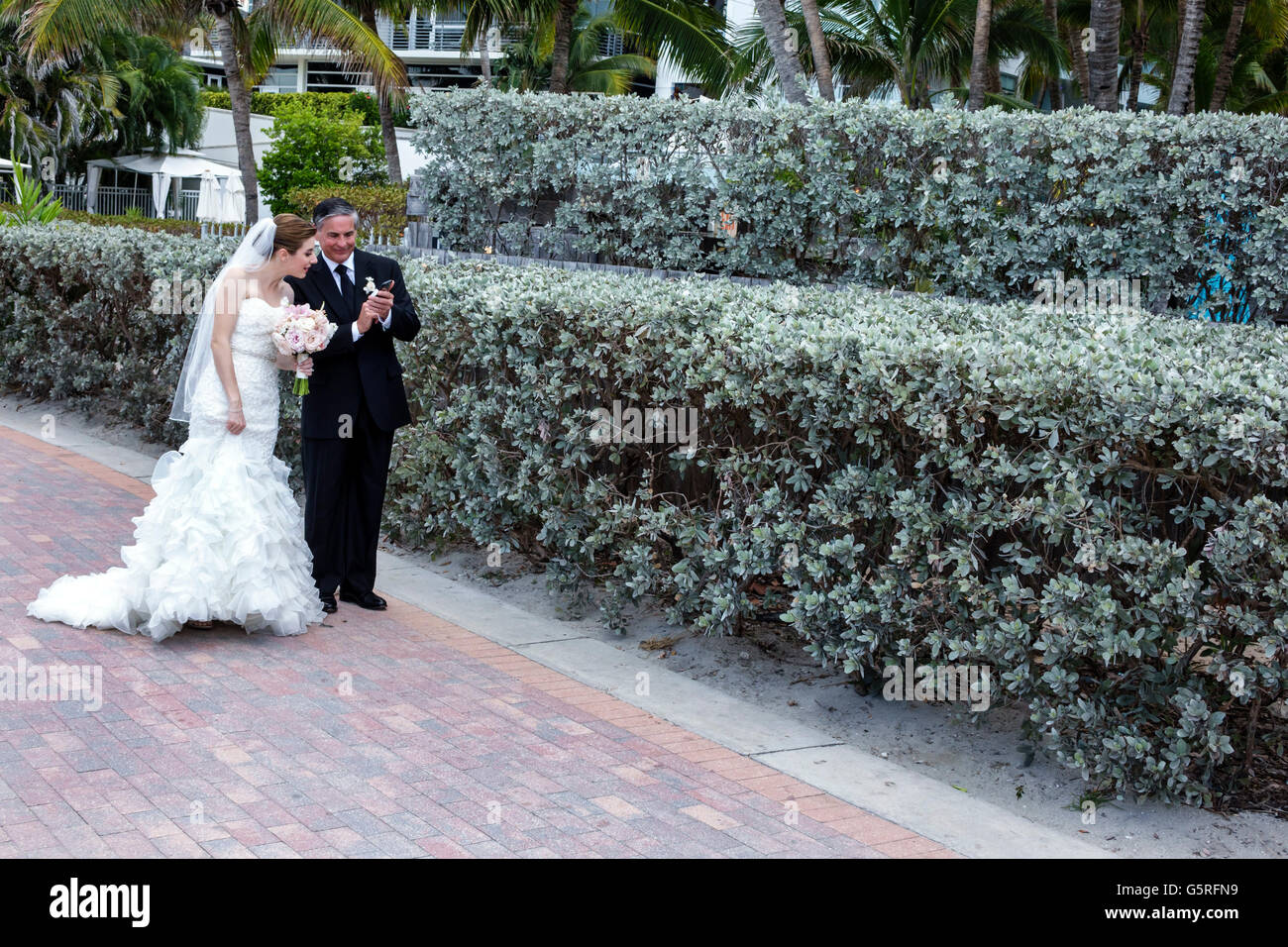 Miami Florida Beach Father Bride Woman Getting Married Wedding Dress