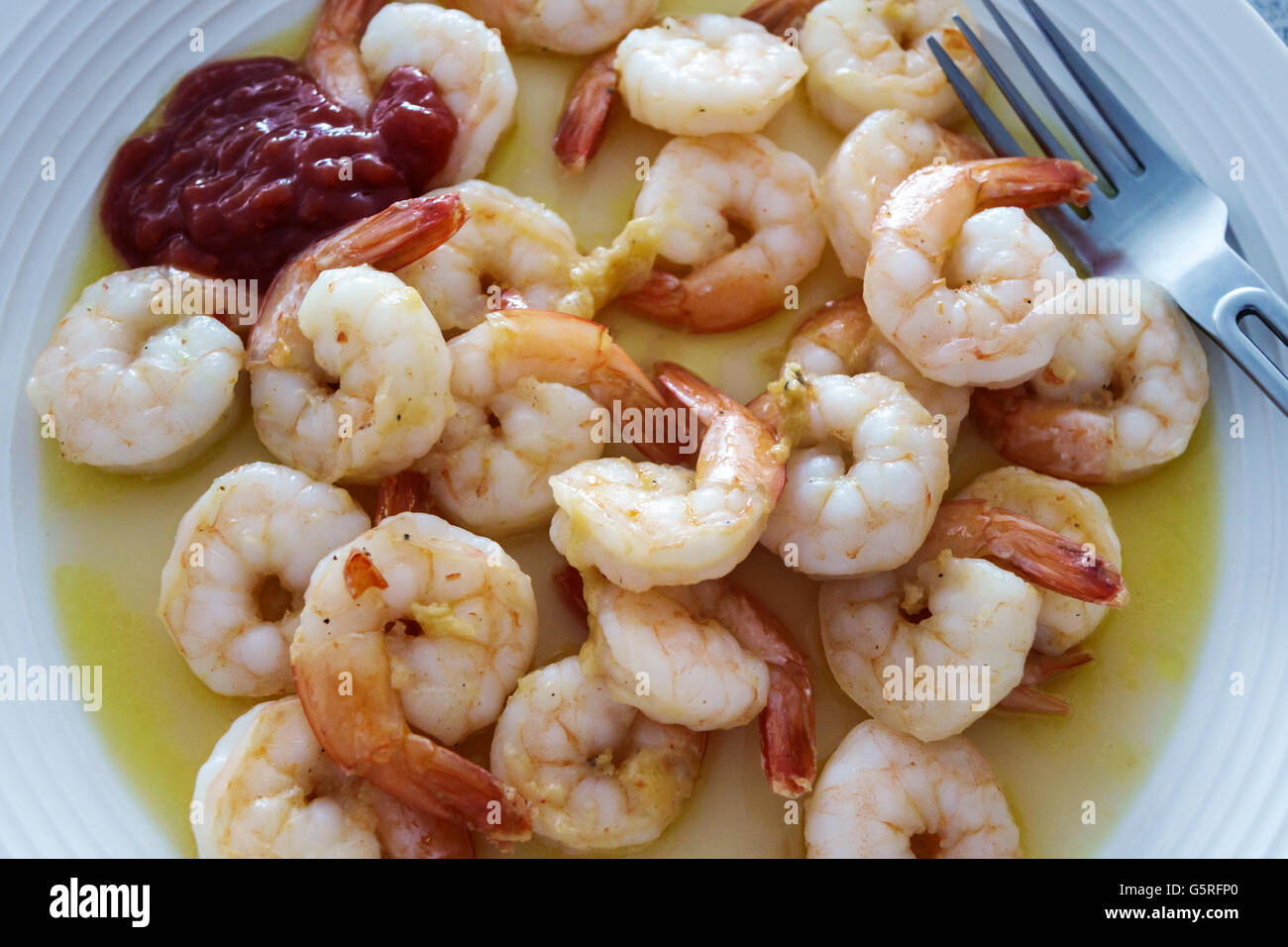 Miami Beach Florida,shrimp,prawn,fried,olive oil,cocktail sauce,seafood,food,plate,FL160424036 Stock Photo