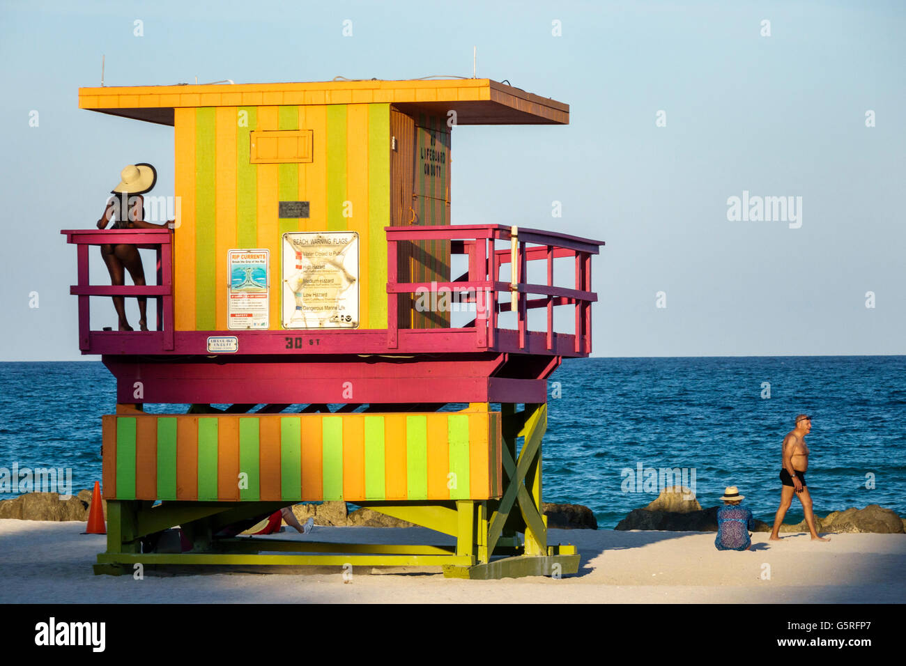 Miami Beach Florida,lifeguard station,Atlantic Ocean water beachcomber,visitors travel traveling tour tourist tourism landmark landmarks culture cultu Stock Photo