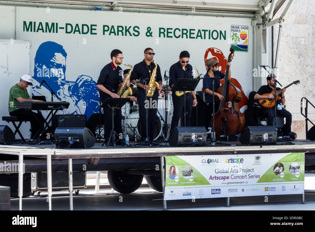 Miami Beach Florida,Collins Park,Miami-Dade Parks Recreation,college student jazz ensemble,band,musicians,playing,stage,FL160516056 Stock Photo