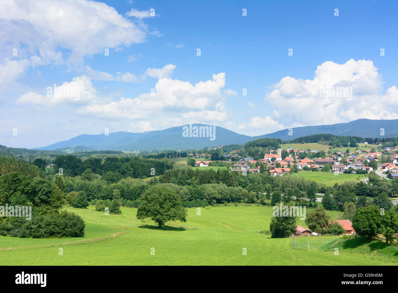 view to Drachselsried and Bavarian Forest, Drachselsried, Germany, Bayern, Bavaria, Niederbayern, Lower Bavaria Stock Photo