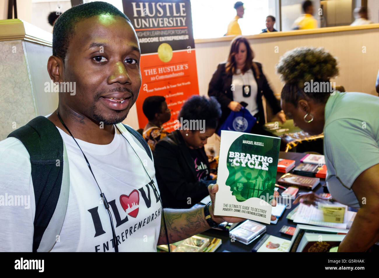 Miami Florida,Hyatt,hotel,lodging,National Preventing Crime in the Black Community Conference,vendors,job fair,Black adult,adults,man men male,author Stock Photo