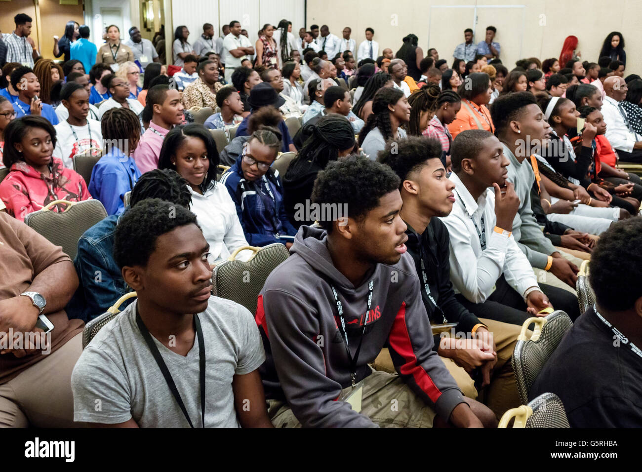 Miami Florida,Hyatt,hotel,lodging,National Preventing Crime in the Black Community Conference,audience,student students Black male boy boys kids child Stock Photo