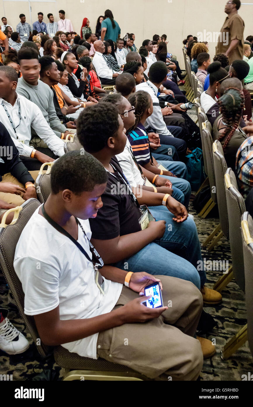 Miami Florida,Hyatt,hotel,lodging,National Preventing Crime in the Black Community Conference,audience,student students,Black,male boy boys kids child Stock Photo