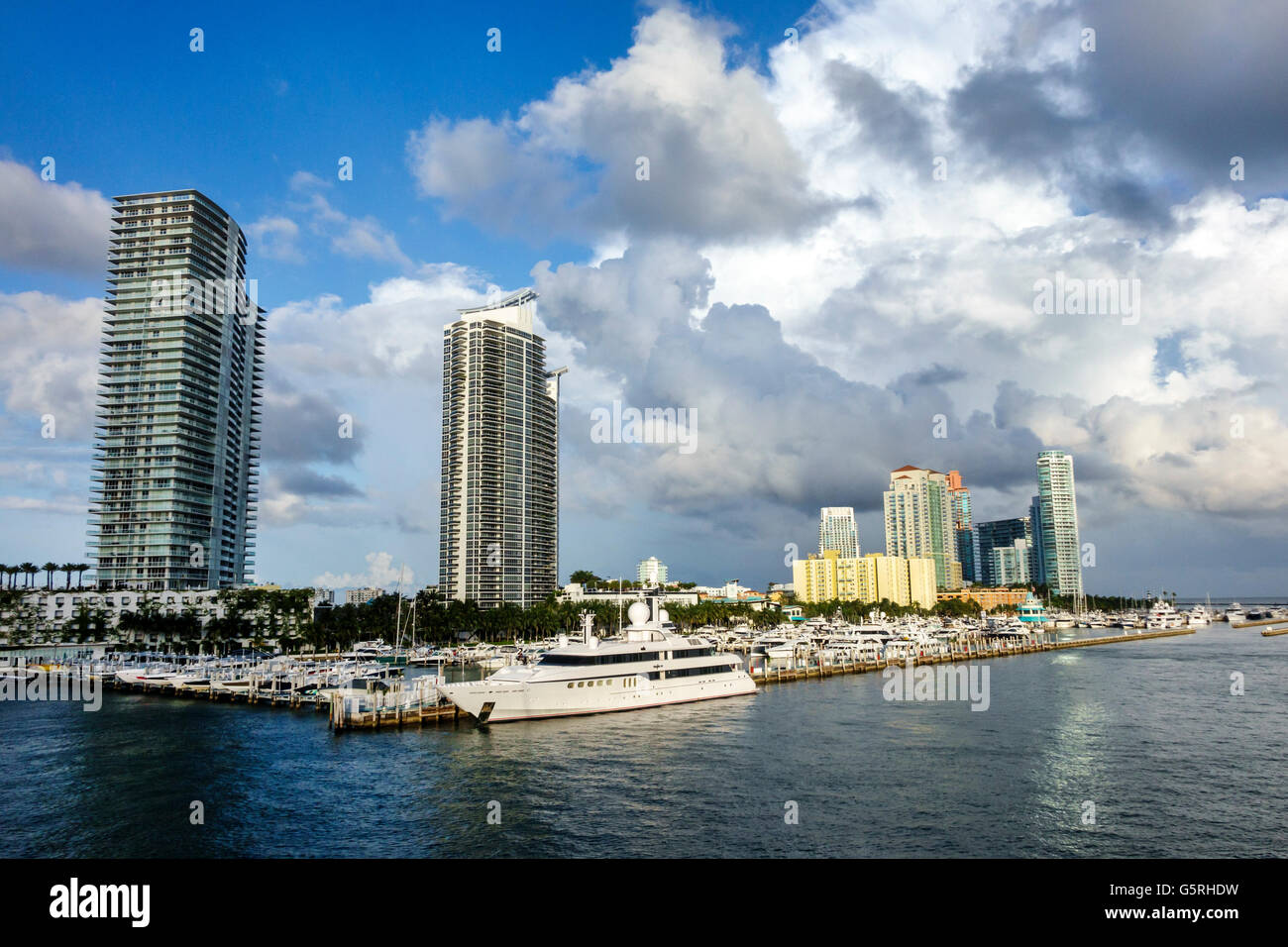 Miami Beach Florida,South Pointe SoFi,high rise skyscraper skyscrapers building buildings condominiums,buildings,skyline,water,Biscayne Bay,marina,meg Stock Photo