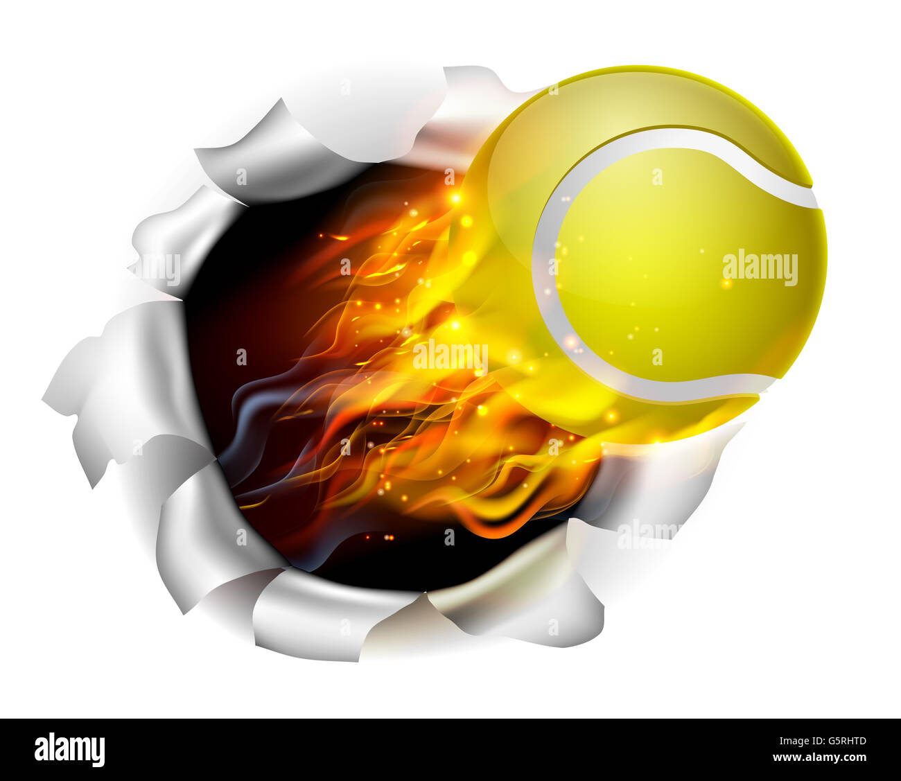 An illustration of a burning flaming tennis ball on fire tearing a hole in the background Stock Photo