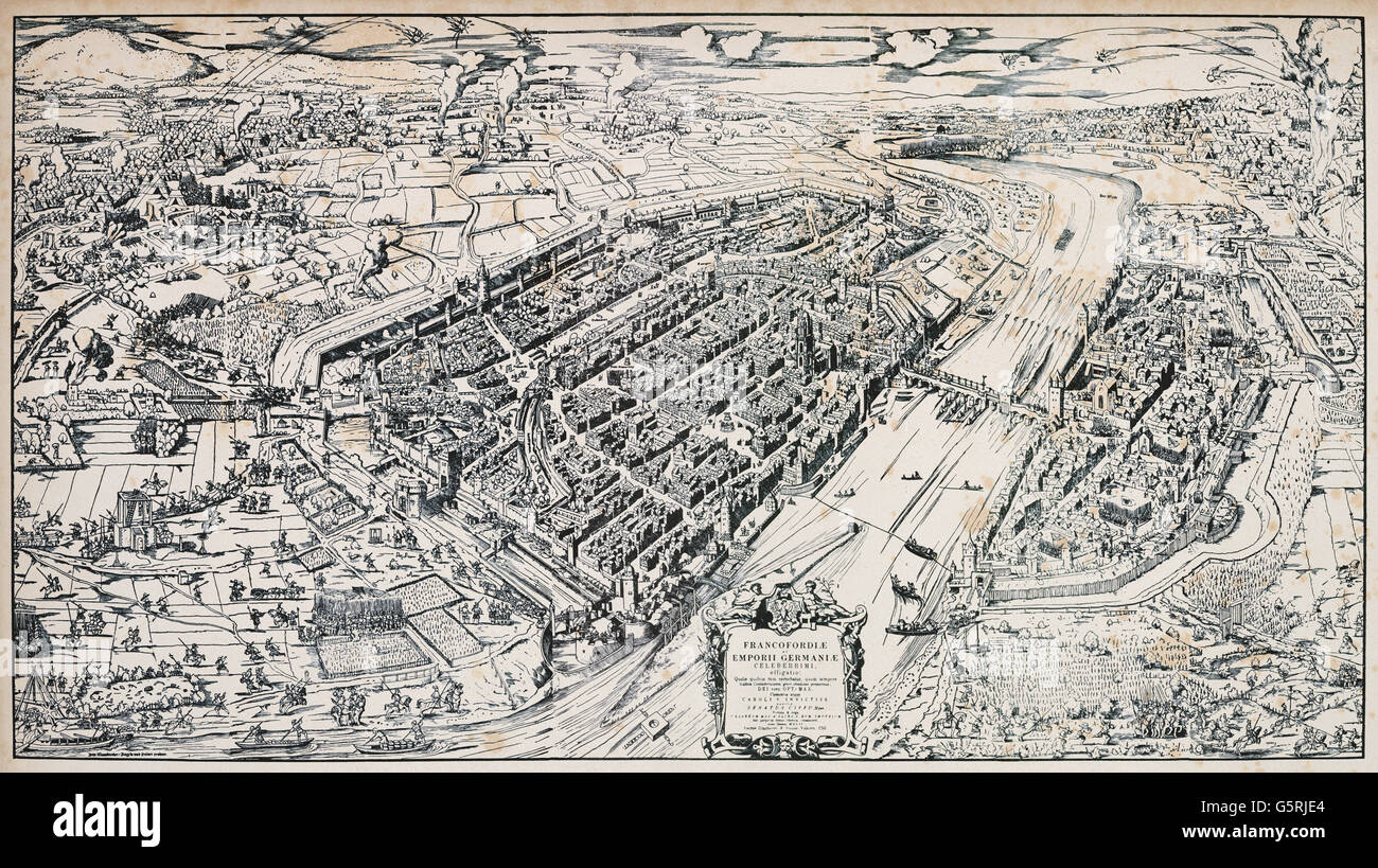 Siege Plan of the City of Frankfurt, woodcut by Conrad Faber von Creuznach (c.1500-1552). Maurice, Elector of Saxony (1521-1553) army besieged the city of Frankfurt am Main for three weeks until Charles V, Holy Roman Emperor Imperial troops arrived. See description for more information. Stock Photo