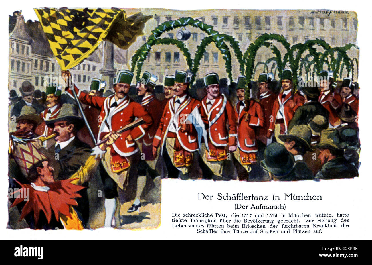 custom, Schäefflertanz (Cooper's Dance) in Munich, Germany, drawing, art postcard, A. Hoffmann, 1900,coopers, cooper, Kingdom of Bavaria, Imperial Era, 19th century, historic, historical, 1900s, 20th century, people, Additional-Rights-Clearences-Not Available Stock Photo