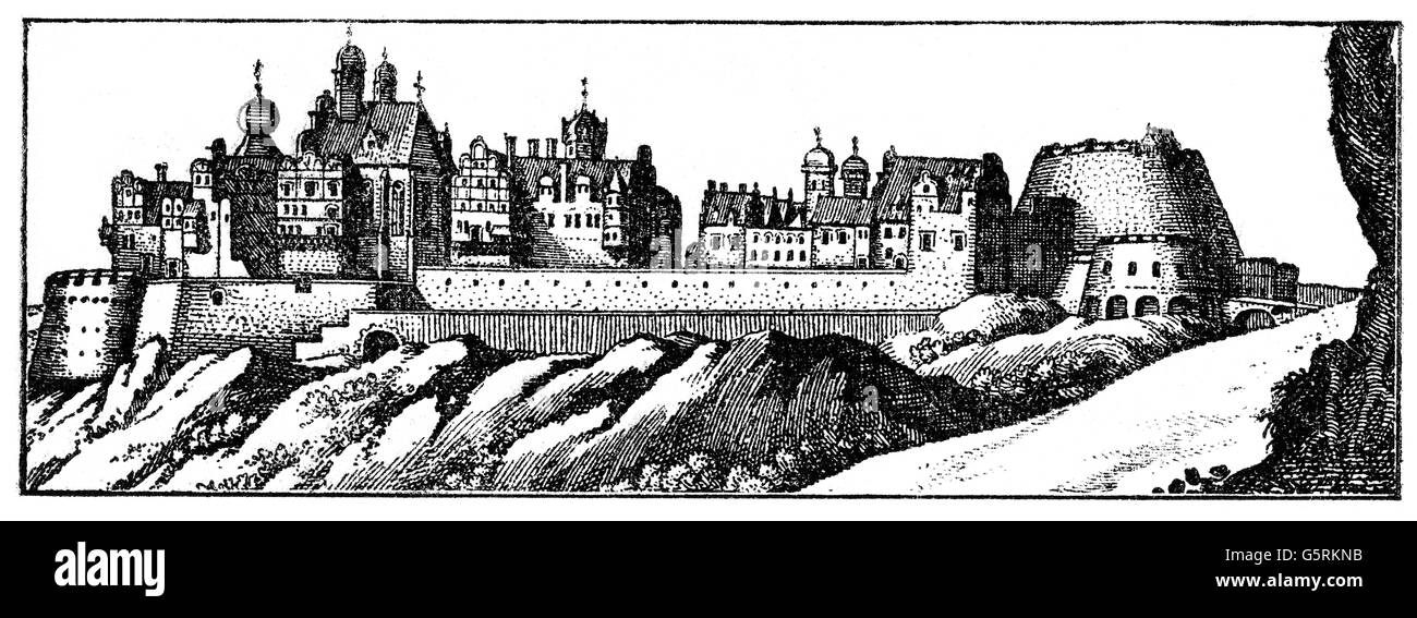 geography / travel, Germany, Mansfeld, castles, Mansfeld Castle, exterior view, copper engraving by Matthaeus Merian, 'Topographia Germaniae', 1642 - 1654, Artist's Copyright has not to be cleared Stock Photo