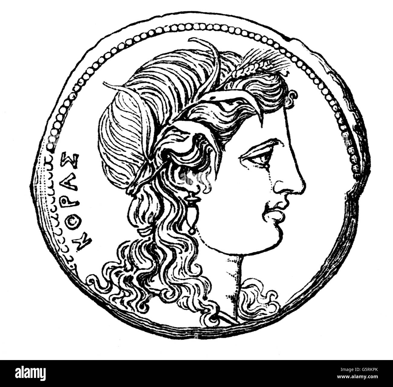 money / finances, coins, ancient world, Greece, Tetradrachme of the Agathocles of Syracuse, 305 / 295 BC, frontside, head of the Kore Persephone, wood engraving, 19th century, Greek coin, drachma, Sicily, Greater Greece, Magna Graecia, deity, divinity, deities, goddess, goddesses, historic, historical, ancient world, people, Additional-Rights-Clearences-Not Available Stock Photo