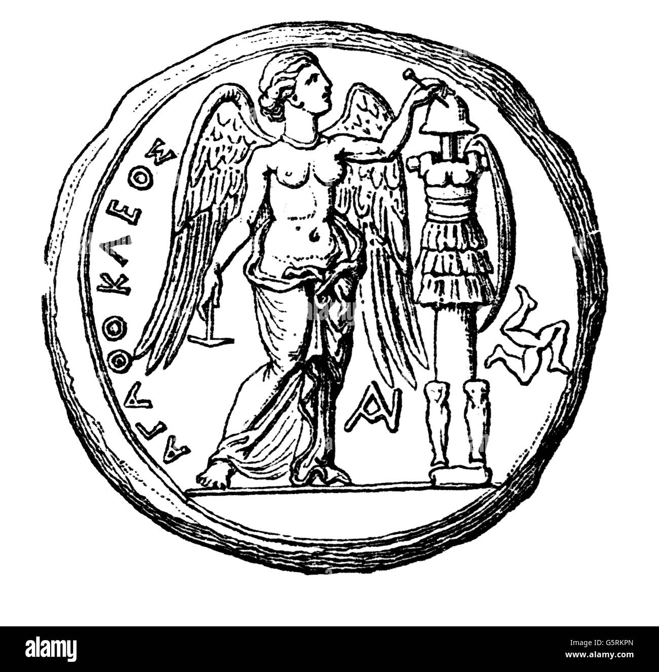 money / finances, coins, ancient world, Greece, Tetradrachme of the Agathocles of Syracuse, 305 / 295 BC, backside, Nike fixing an armour to a log, wood engraving, 19th century, Greek coin, drachma, Sicily, Greater Greece, Magna Graecia, deity, divinity, deities, goddess, goddesses, historic, historical, ancient world, people, Additional-Rights-Clearences-Not Available Stock Photo