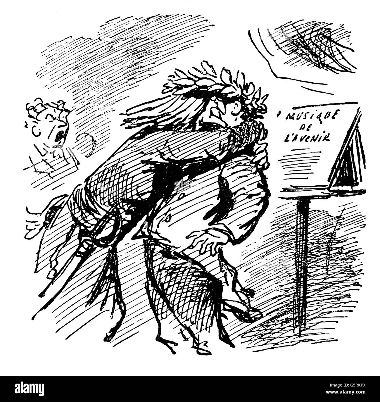 Wagner, Richard, 22.5.1813 - 13.2.1883, German composer, Franz Liszt embracing Richard Wagner, caricature, by Cham, from 'Le Charivari', lithograph, Paris, 1876, from Karl Eugen Schmidt, Richard Wagner in French caricature, Stock Photo