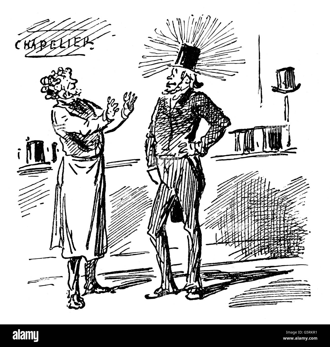 Wagner, Richard, 22.5.1813 - 13.2.1883, German composer, trying a hat with gloriole, caricature, by Cham, from 'Le Charivari', lithograph, Paris, 1876, from Karl Eugen Schmidt, Richard Wagner in French caricature, Stock Photo