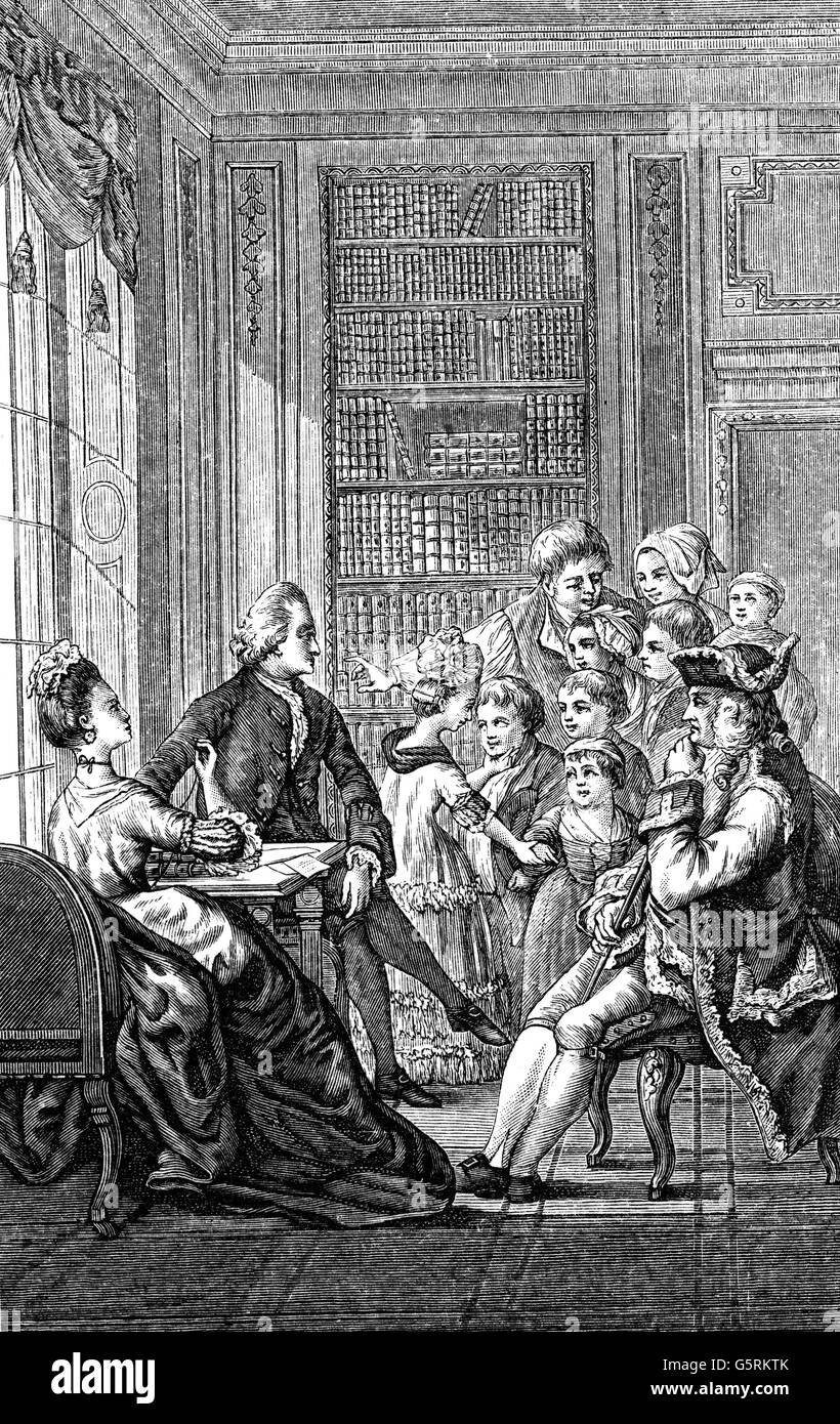 justice, judges, judge surrounded by family and supplicants, engraving, 18th century, 18th century, half length, sitting, sit, chair, chairs, salon, children, child, kids, kid, supplicant, request, requests, motion, motions, supplication, supplications, petition, petitions, historic, historical, man, men, male, woman, women, female, people, Additional-Rights-Clearences-Not Available Stock Photo