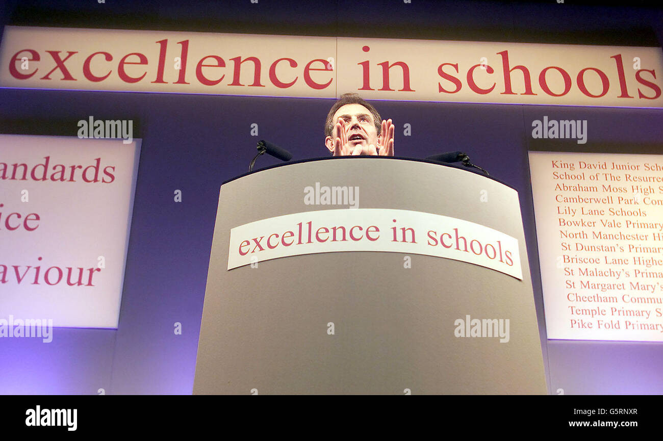 Prime minister Tony Blair at Abraham Moss school in Manchester where he made a keynote speech on education. Stock Photo