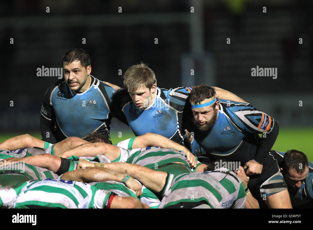 Glasgow Warriors' German Araoz (left), Pat McAuthur (centre) and Ryan Grant (right) before a scrum Stock Photo