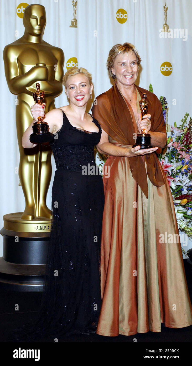 Catherine Martin (left) and Brigitte Broch with their Acheivement in Art Direction awards at the 74th Annual Academy Awards (Oscars) at the Kodak Theatre in Hollywood, Los Angeles. Stock Photo