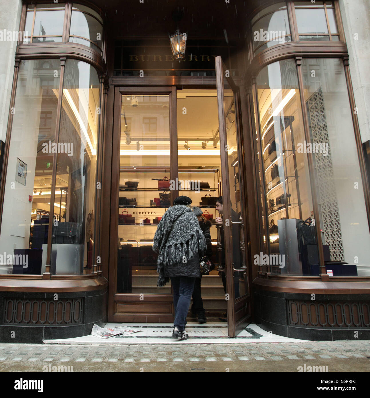 An exterior view of the flagship Burberry store on Regent Street, in  central London as they announced their latest figures showing a revival  since its share price slump in September Stock Photo -