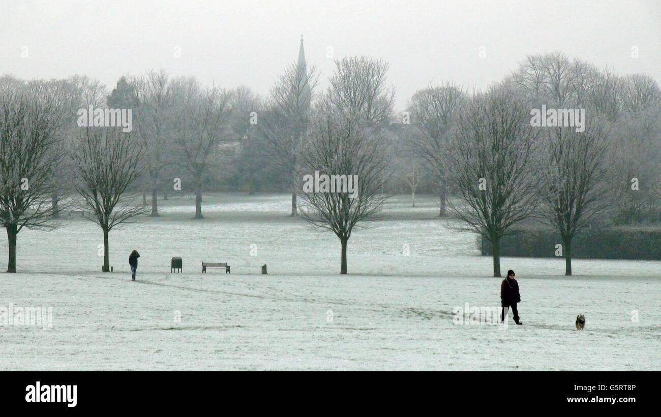 Town Field, in the centre of Doncaster, South Yorkshire is covered with snow as the cold snap in the UK continues. Stock Photo
