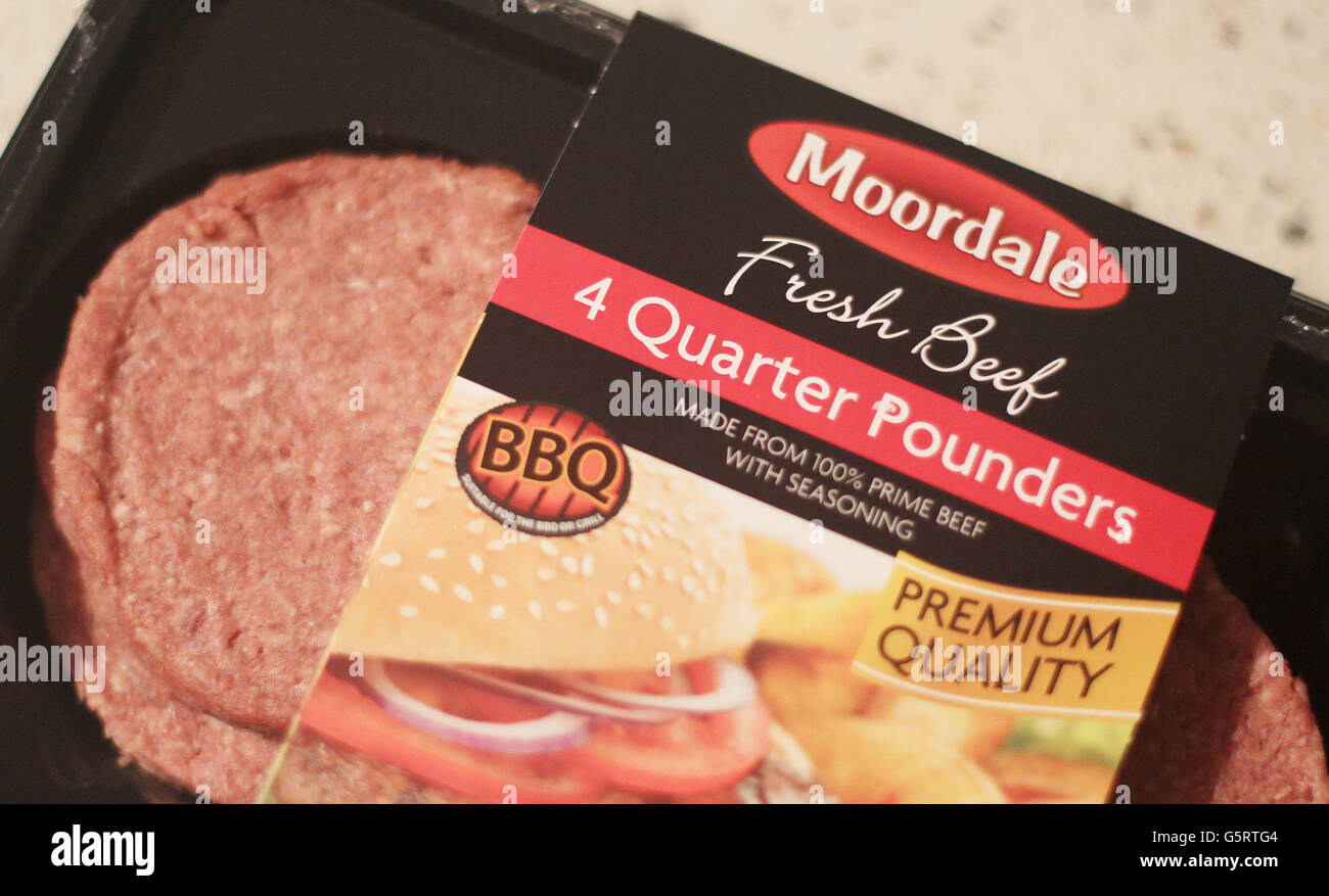 Horse meat found in beef products. General view a pack of beef burgers