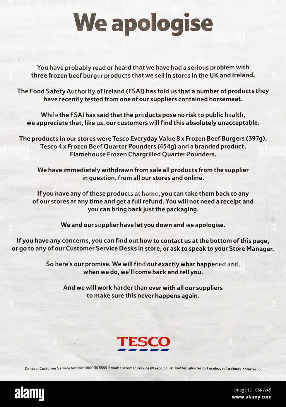 A copy of the apology statement issued by supermarket giant Tesco