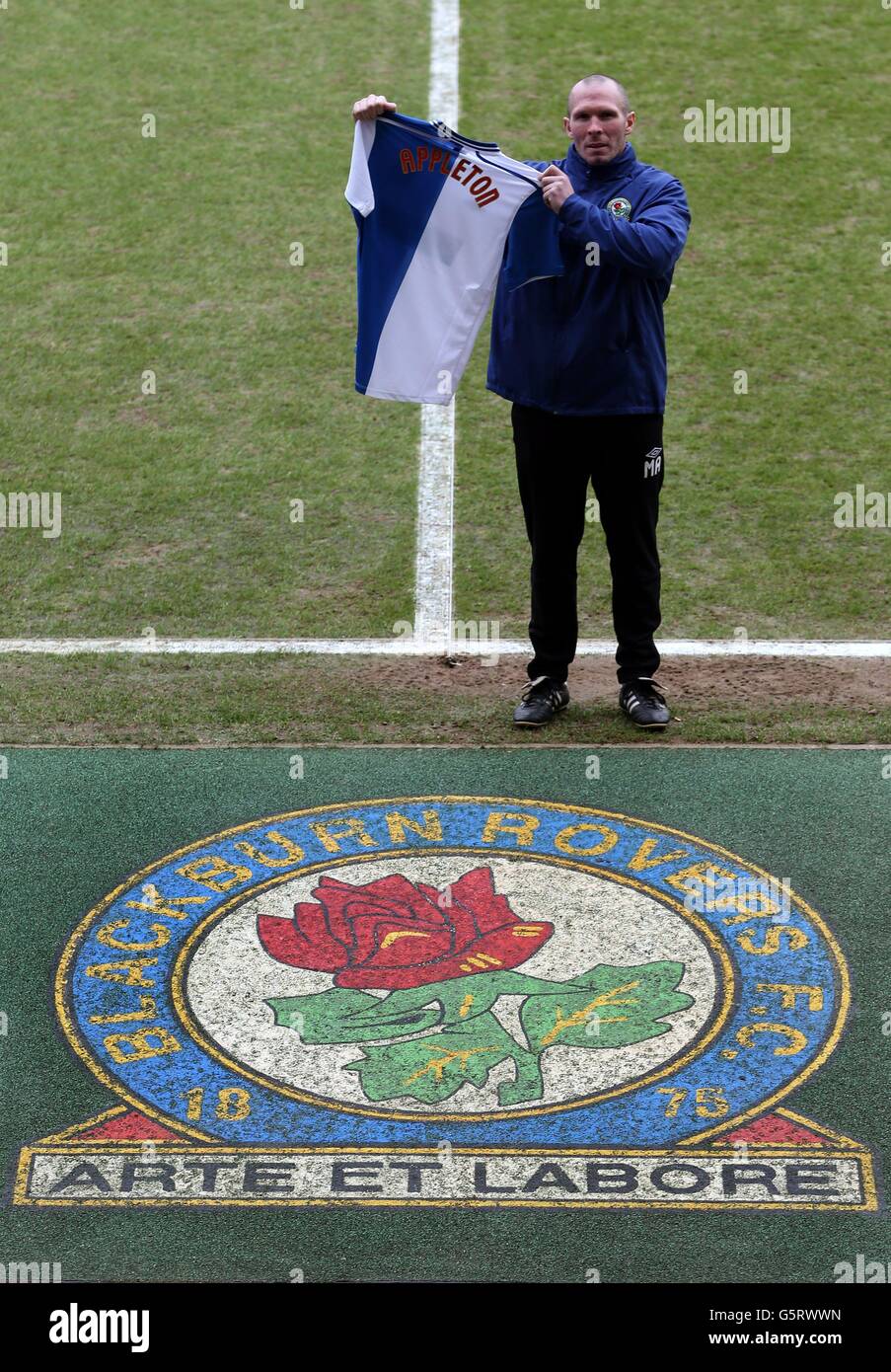 New manager of Blackburn Rovers Michael Appleton poses for photographers after being unveiled as the clubs new manager at Ewood Park, Blackburn. Stock Photo