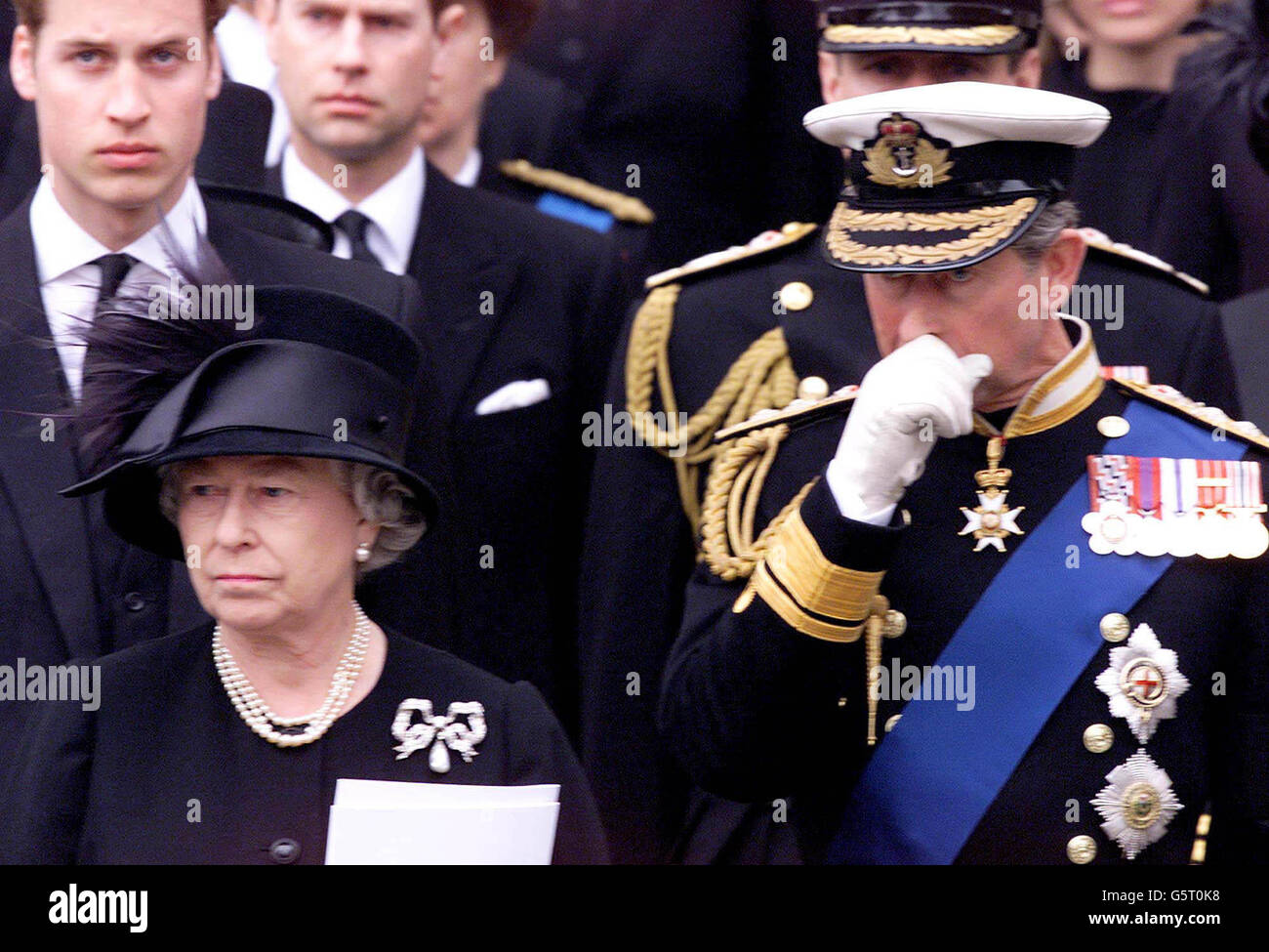 Queen Mother Funeral / Queen Elizabeth II & Prince Charles Stock Photo