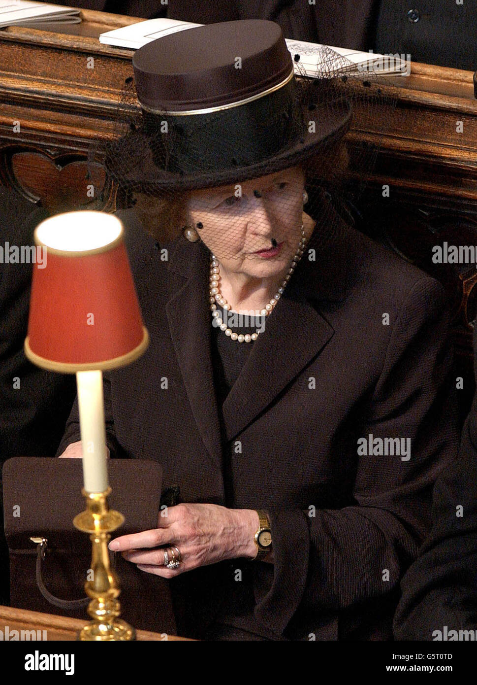 Baroness Thatcher watches the funeral service of Queen Elizabeth the Queen Mother at Westminster Abbey, London. Stock Photo