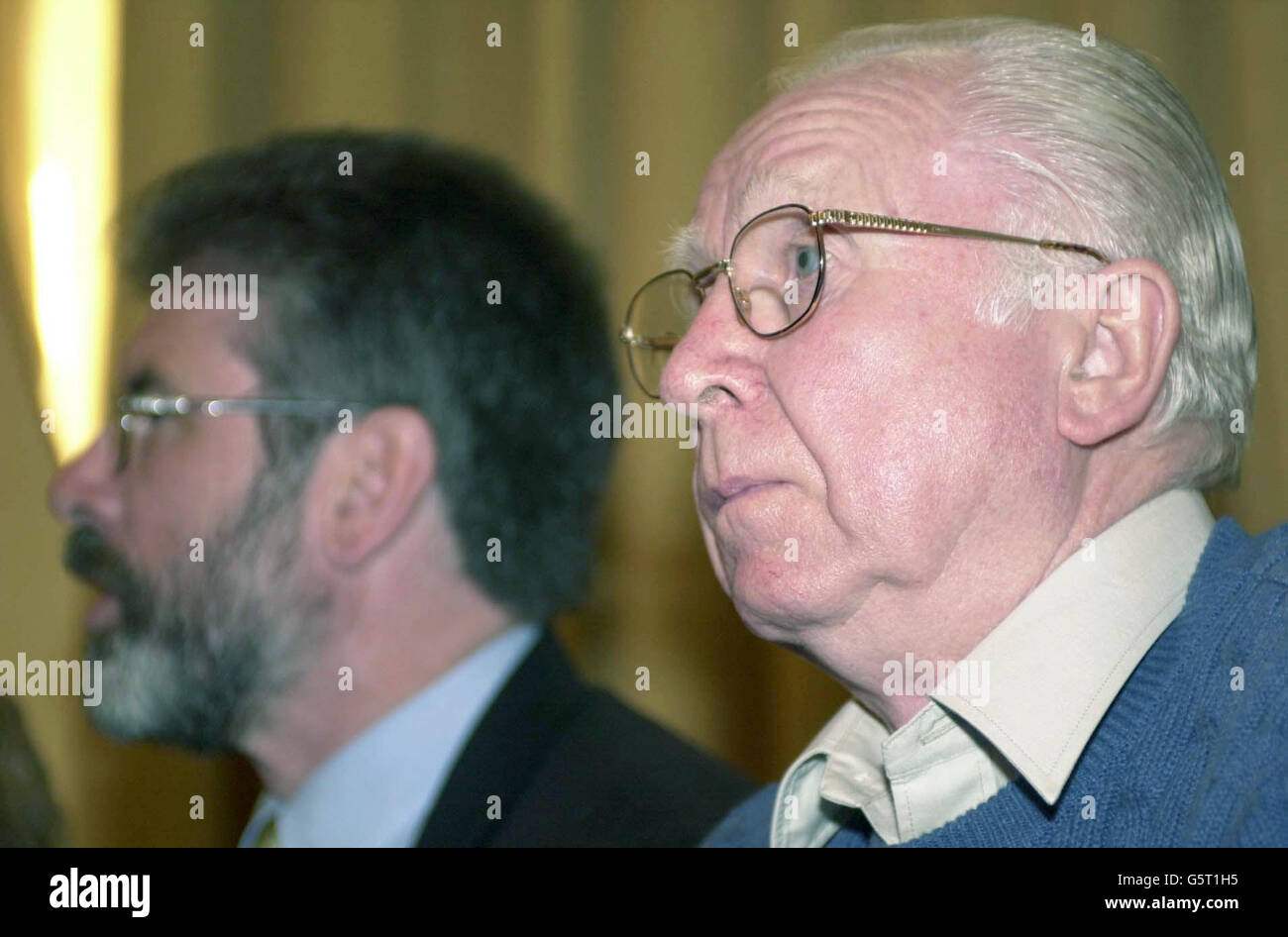 Sinn Fein President Gerry Adams announces details of a national tribute to familes of IRA volunteers, Sinn Fein activists and other republican activists who were killed in recent times, in Dublin with Paddy Mulvenna. *...., whose son, who was an IRA volunteer killed during the Troubles in Northern Ireland. Stock Photo
