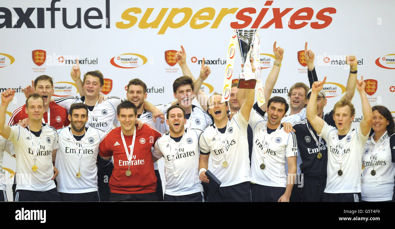 Hockey - Maxifuel Super Sixes Finals - Wembley Arena. East Grinstead celebrate winning against Reading during the Maxifuel Super Sixes Finals at Wembley Arena, London. Stock Photo