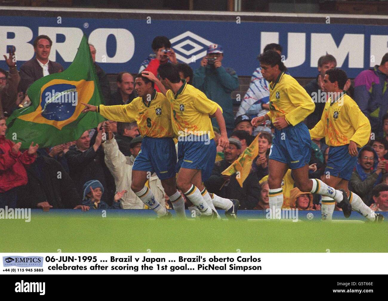 06-JUN-1995 ... Brazil v Japan ... Brazil's Roberto Carlos celebrates after scoring the 1st goal. PicNeal Simpson Stock Photo
