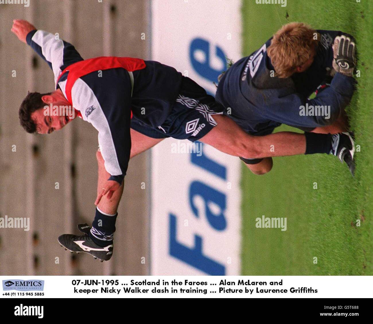 07-JUN-1995, Scotland in the Faroes, Alan McLaren and keeper Nicky Walker clash in training, Picture by Laurence Griffiths Stock Photo