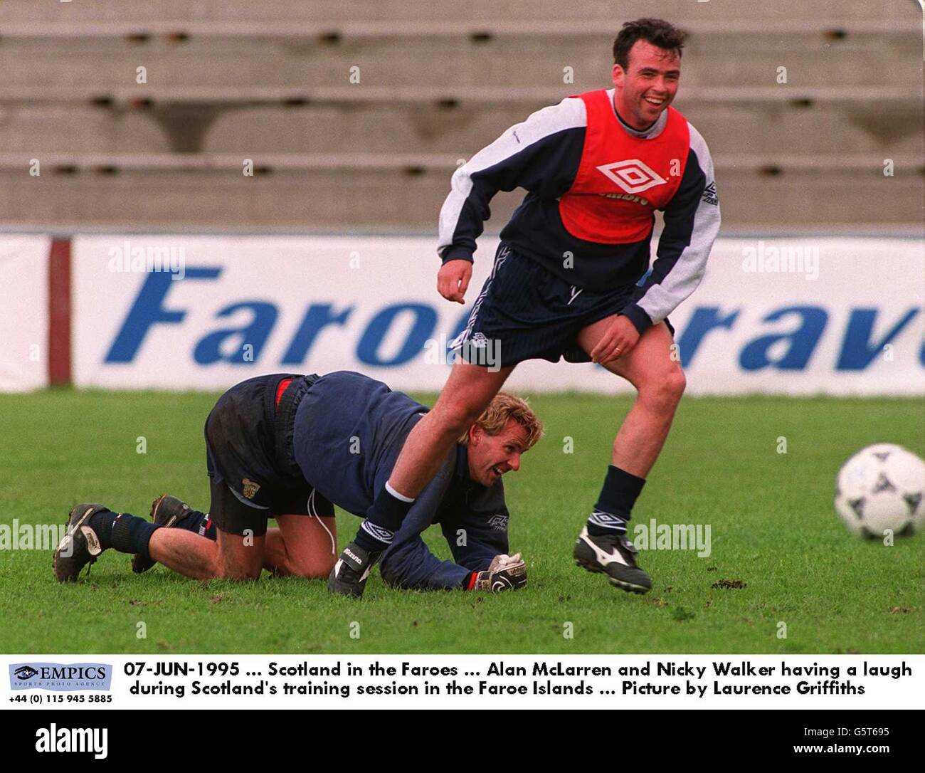 07-JUN-1995. Scotland in the Faroes. Alan McLarren and Nicky Walker having a laugh during Scotland's training session in the Faroe Islands. Picture by Laurence Griffiths Stock Photo