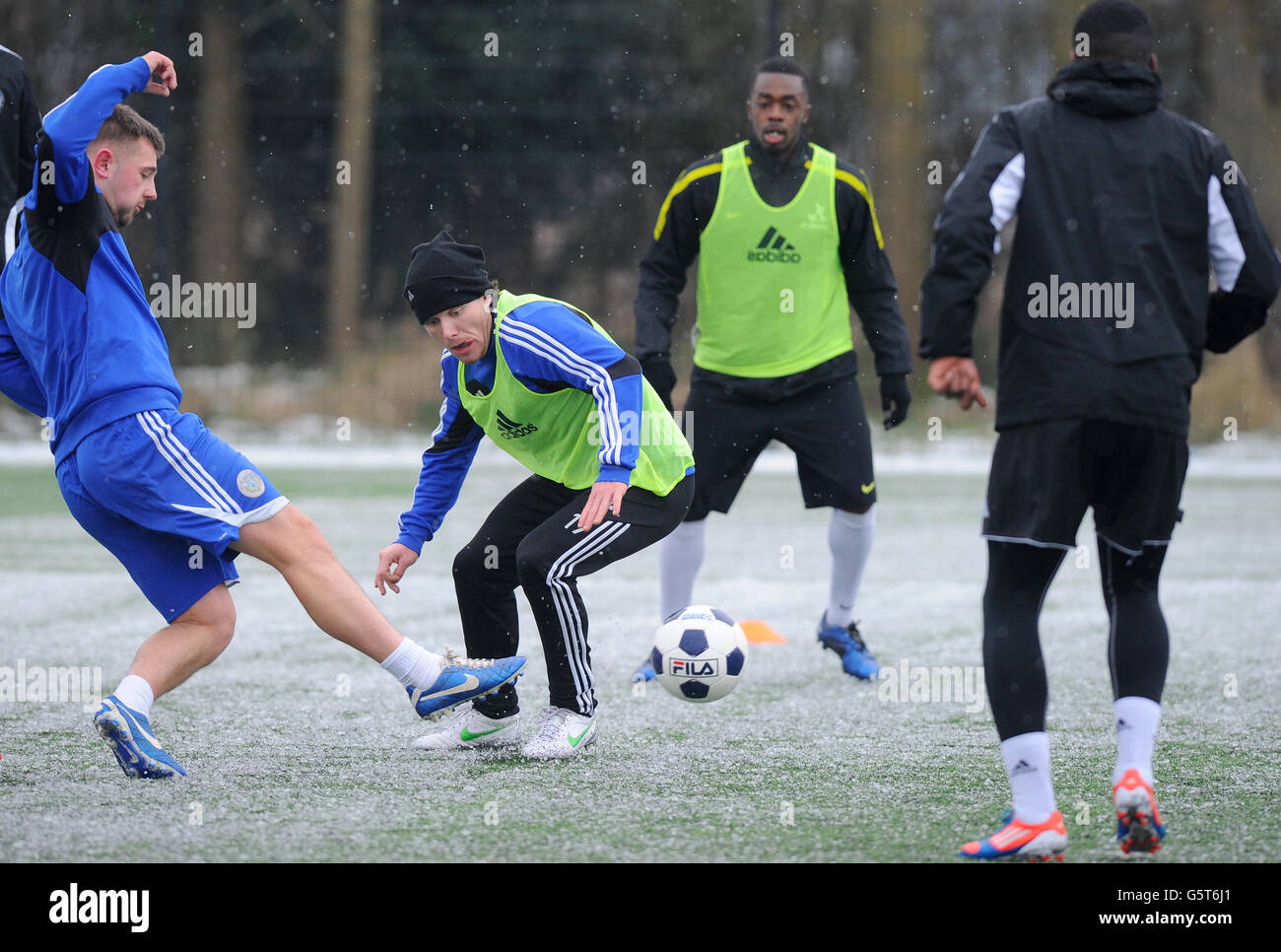 Macclesfield Town's John Paul Kissock (centre) battles for the ball with Waide Fairhurst during the training session at Egerton Football Club, Knutsford, Cheshire. Stock Photo