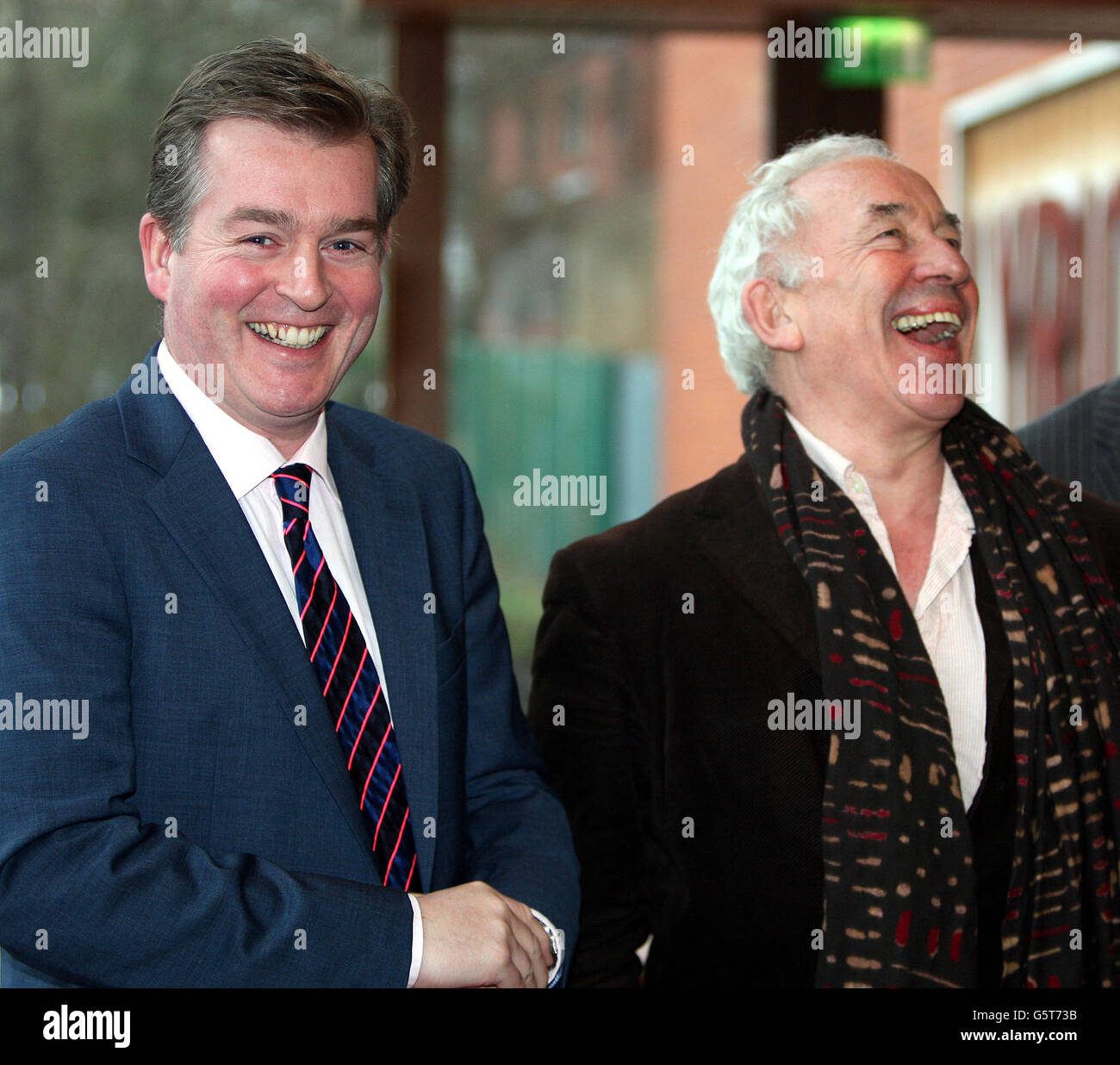 Chairman of Belfast Lyric Theatre Mark Carruthers (left ) and Actor Simon Callow during the launch of Belfast Lyric Theaters Spring/Summer programme. Stock Photo
