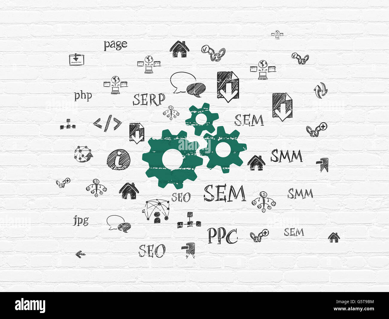 Web development concept: Gears on wall background Stock Photo - Alamy
